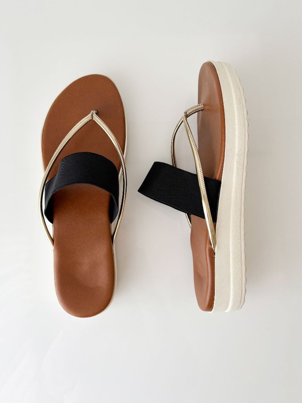 black, cognac and gold thong sandals
